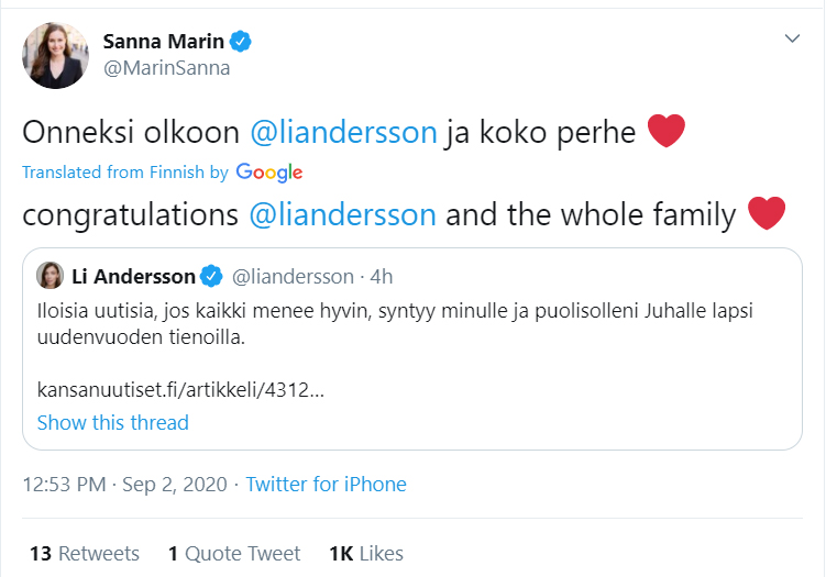Sanna-Marin-Tweet-Li-Andersson-expecting-pregnant
