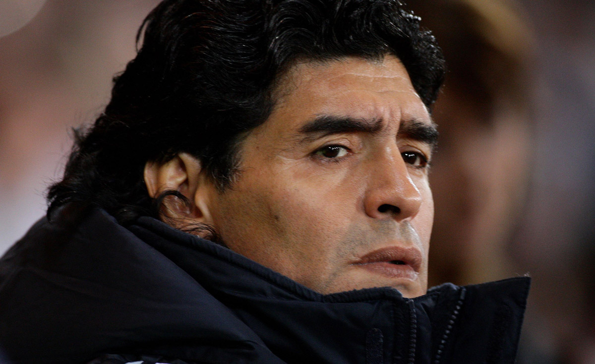 FILED - 19 November 2008, Scotland, Glasgow: Diego Maradona, then Argentina national head coach looks on during the friendly soccer match between Scotland and Argentina at Hampden Park.